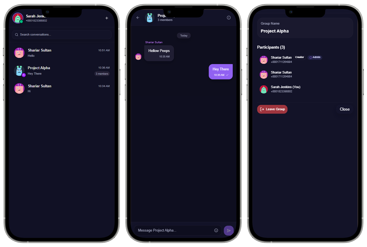 ChatApp Mobile Touch Interface Dark showing responsive chat, emoji picker, and modal sheet