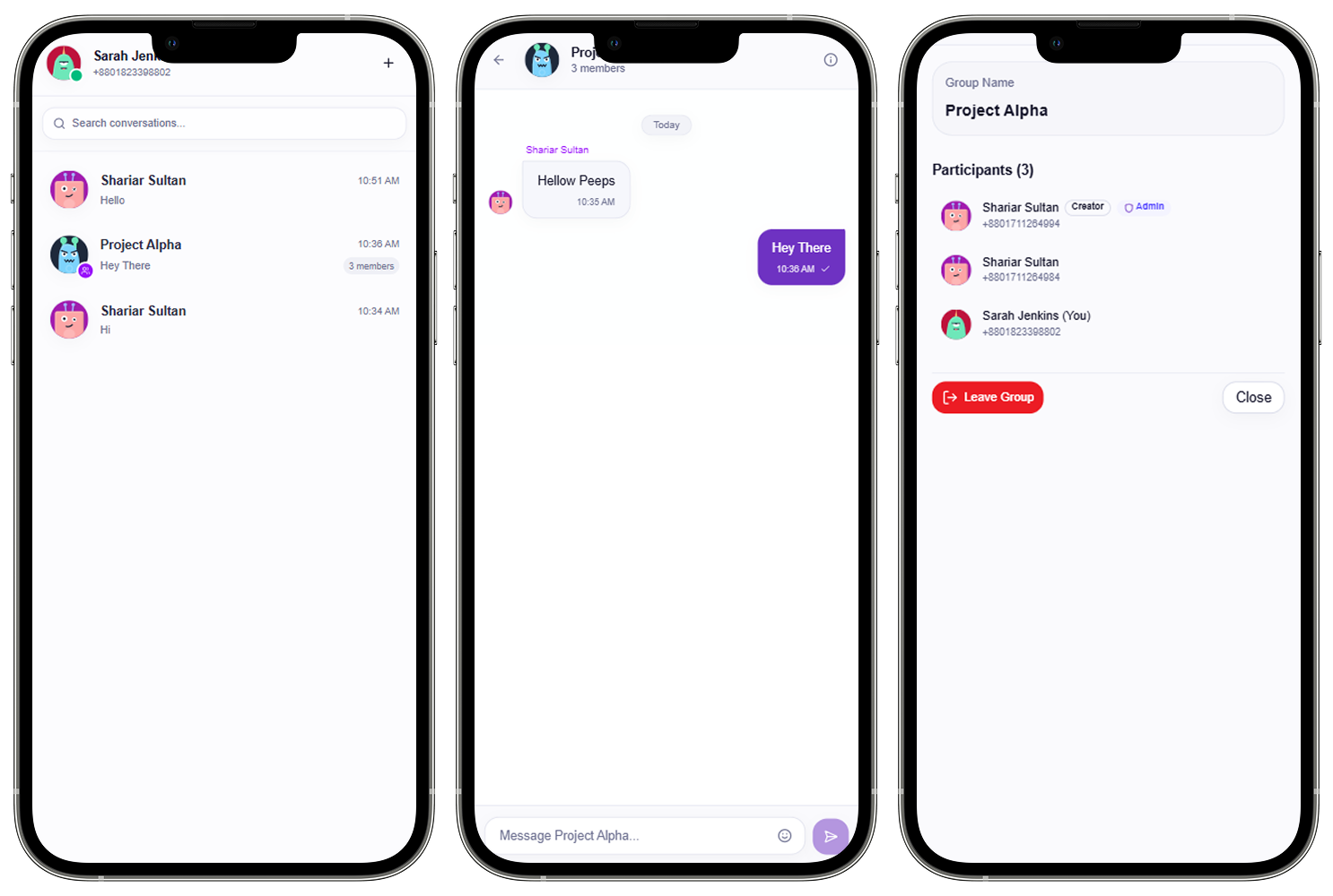 ChatApp Mobile Touch Interface showing responsive chat, emoji picker, and modal sheet